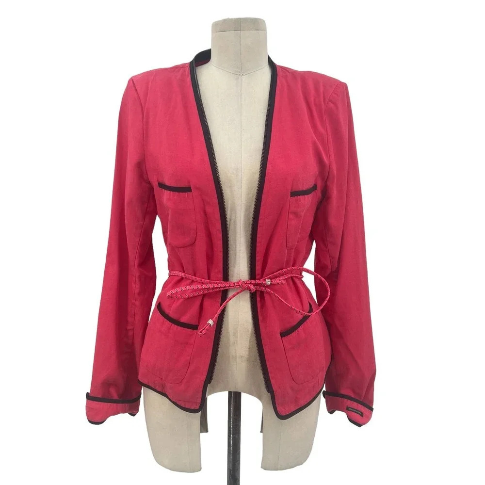Maison Scotch Coral Pink Red Zip Trim Open Linen Blend Blazer Jacket Size 3 US 8